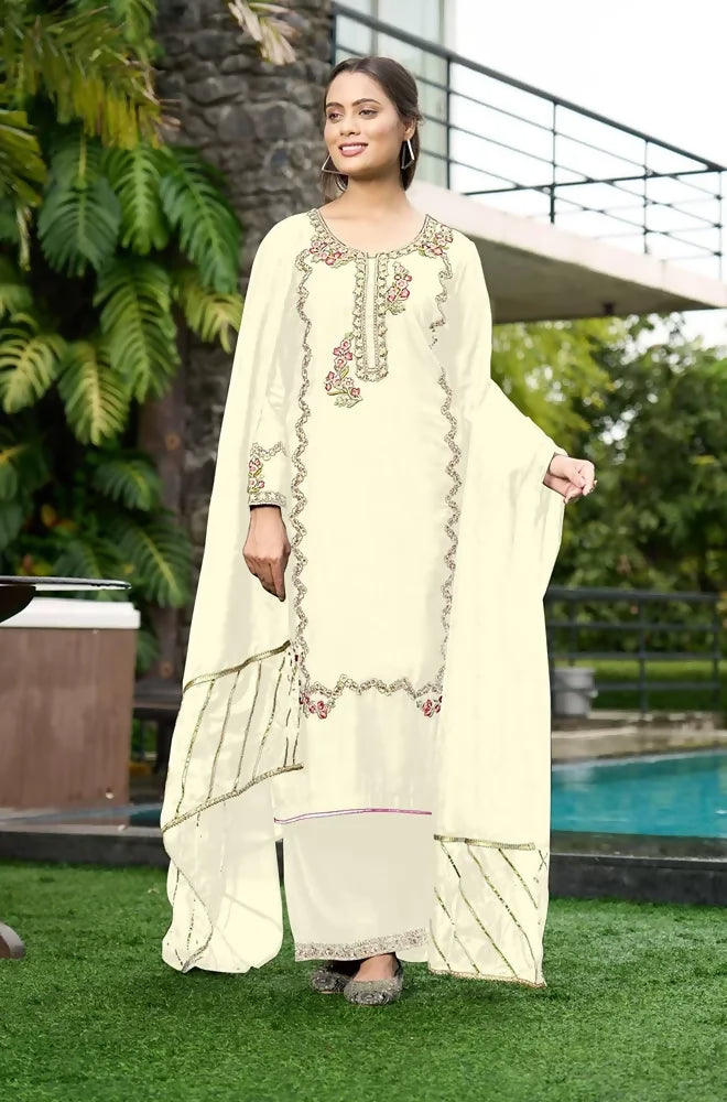 Nikhaar Cream Embroidered Art Silk Straight Cut Readymade Pakistani Suit
