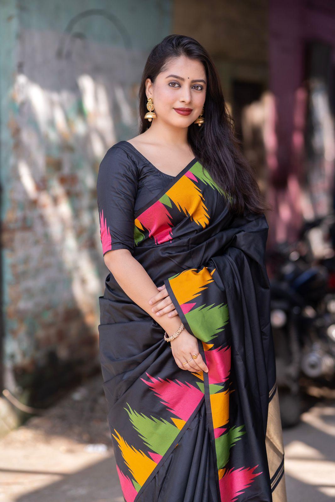 Black Polycotton Woven Design Saree with Unstitched Blouse - Hiral Fashion - Distacart