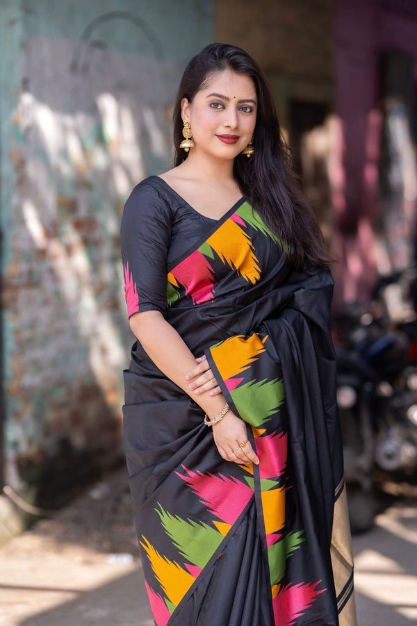 Black Polycotton Woven Design Saree with Unstitched Blouse - Hiral Fashion - Distacart