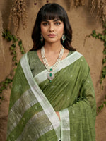 Thumbnail for Anaita Mehendi Linen Cotton Zari Work Saree With Blouse