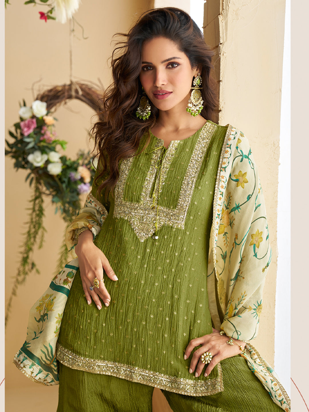 Evanik Women Mehendi Chinon Silk Zari Embroidered Sequins Sharara Suit - Distacart