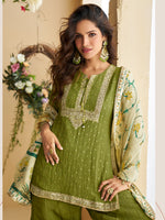 Thumbnail for Evanik Women Mehendi Chinon Silk Zari Embroidered Sequins Sharara Suit - Distacart