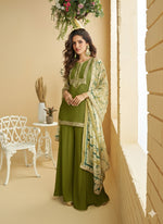 Thumbnail for Evanik Women Mehendi Chinon Silk Zari Embroidered Sequins Sharara Suit - Distacart