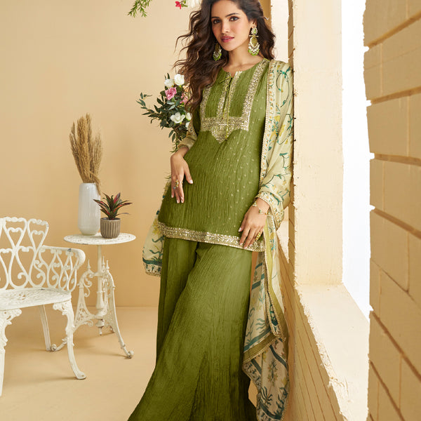 Evanik Women Mehendi Chinon Silk Zari Embroidered Sequins Sharara Suit - Distacart