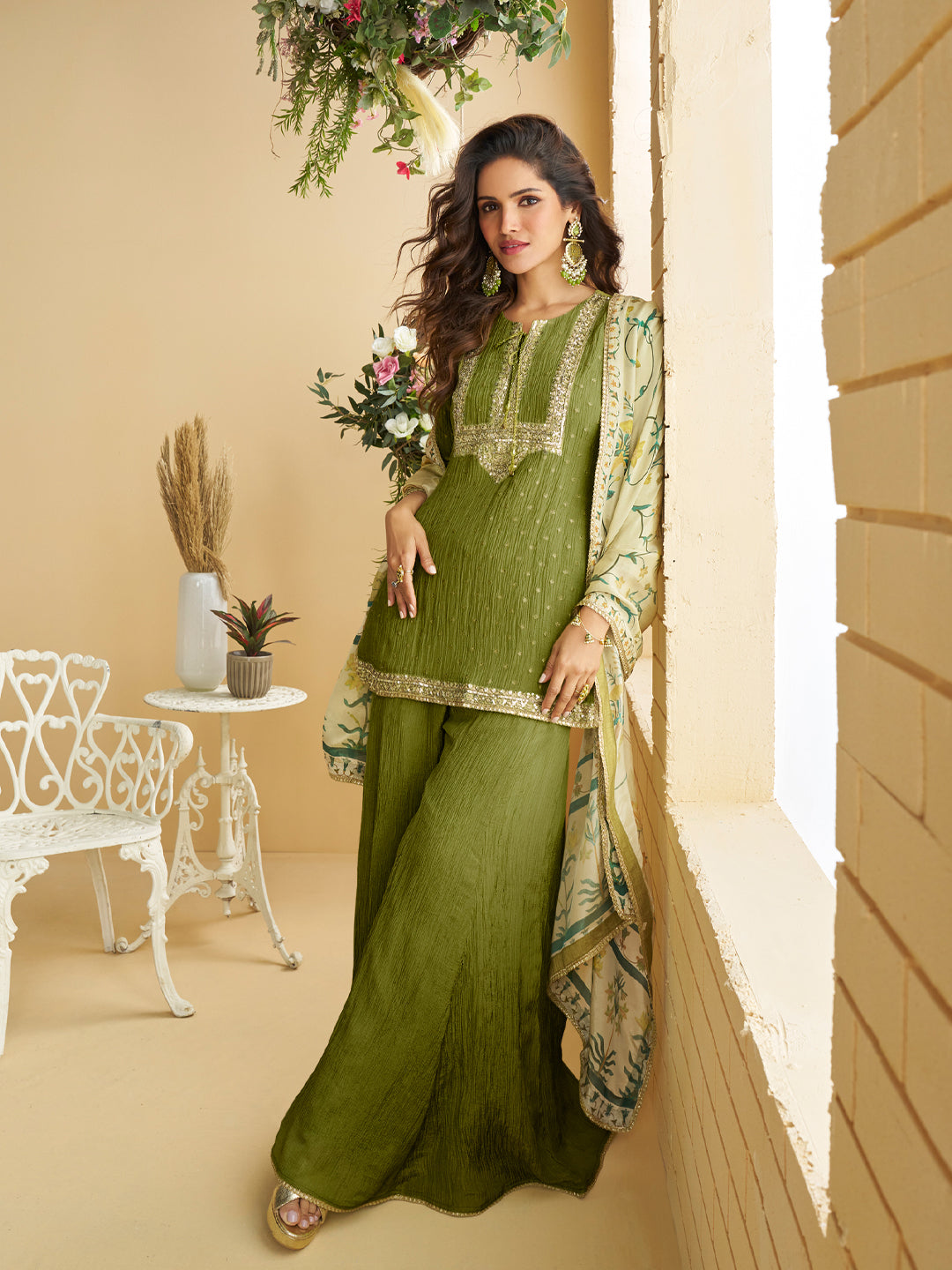 Evanik Women Mehendi Chinon Silk Zari Embroidered Sequins Sharara Suit - Distacart