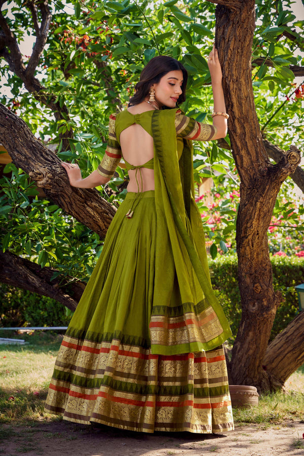 Evanik Women Pure Chanderi Plain With Zari Weaving Work Border Stitched Lehenga With Unstitched Blouse Dupatta(Up to 42)