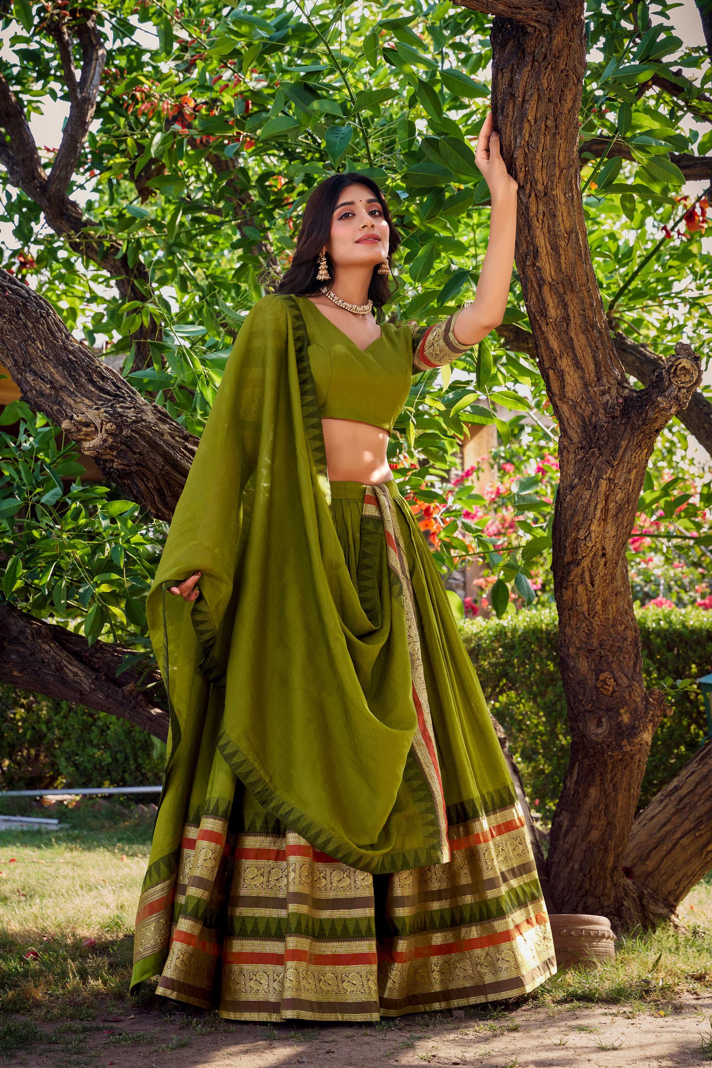 Evanik Women Pure Chanderi Plain With Zari Weaving Work Border Stitched Lehenga With Unstitched Blouse Dupatta(Up to 42)
