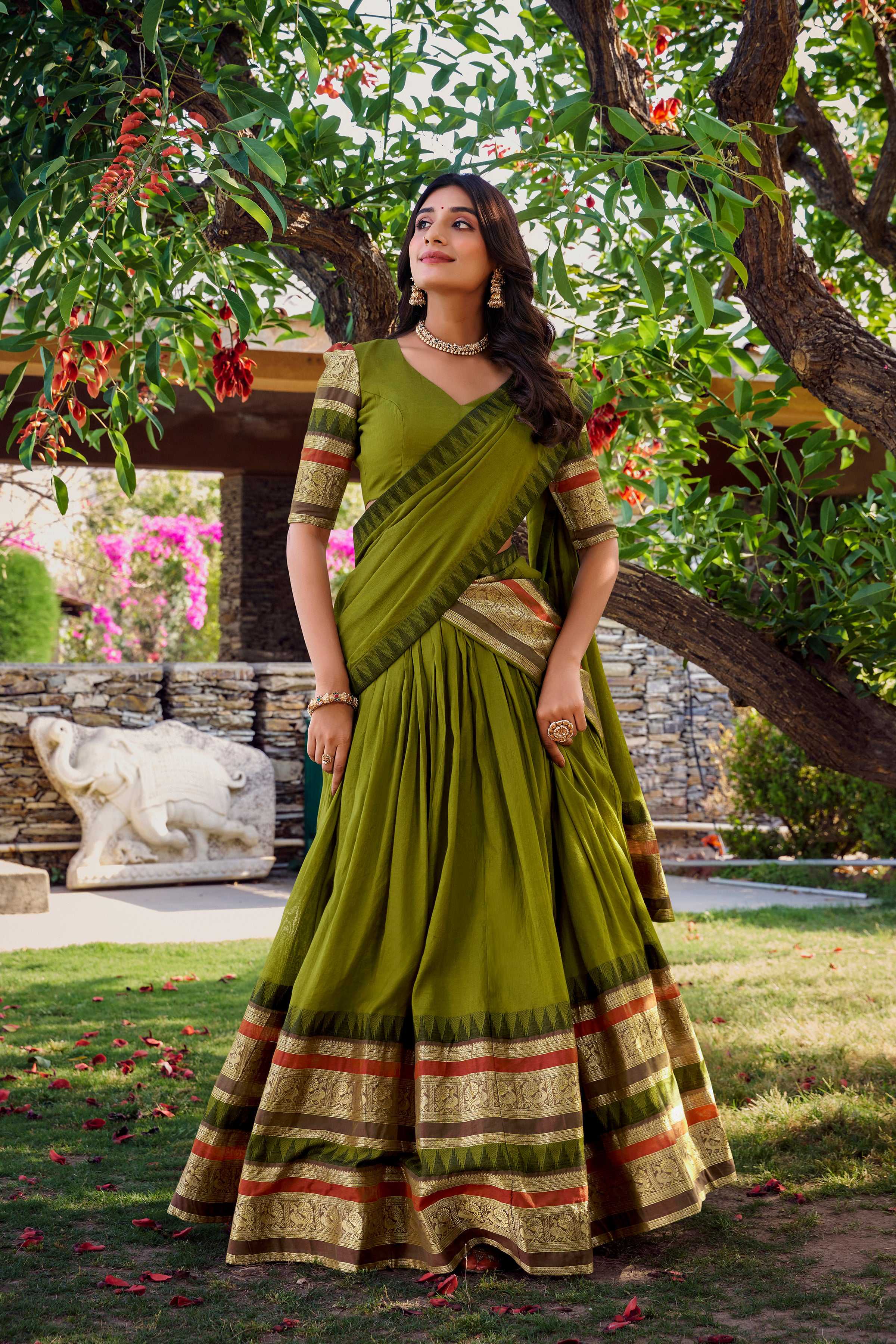 Evanik Women Pure Chanderi Plain With Zari Weaving Work Border Stitched Lehenga With Unstitched Blouse Dupatta(Up to 42)