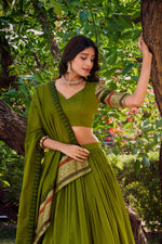Thumbnail for Evanik Women Pure Chanderi Plain With Zari Weaving Work Border Stitched Lehenga With Unstitched Blouse Dupatta(Up to 42)