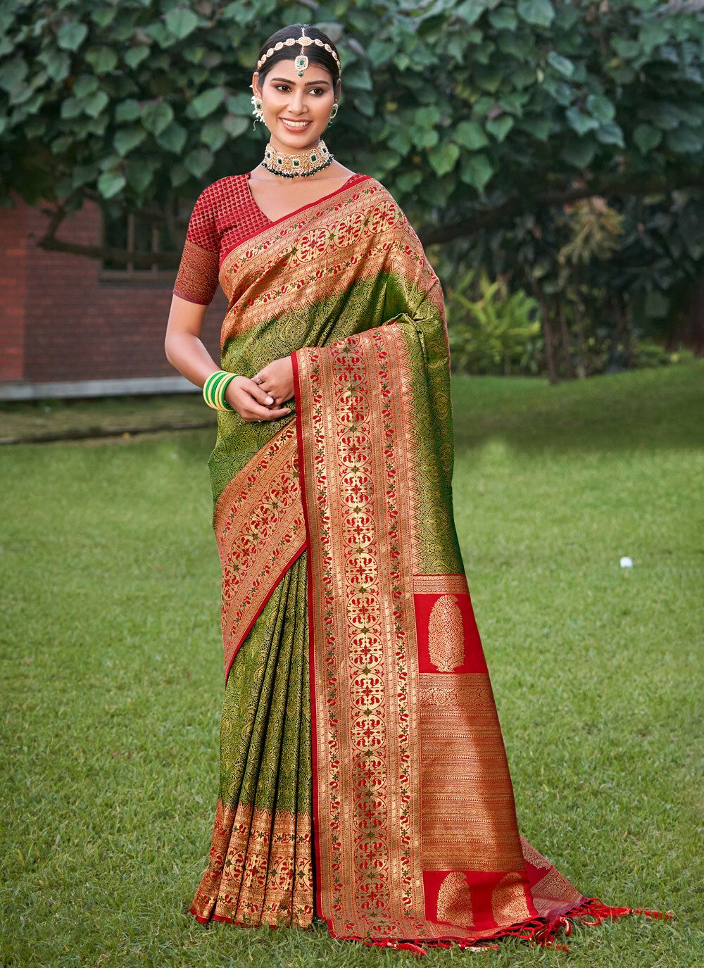 Anaita Mehendi Banarasi Saree With Blouse Piece - Distacart
