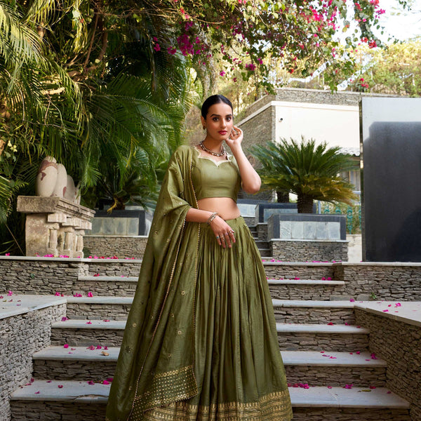 Evanik Women Pure Chanderi Plain With Zari Weaving Work Border Stitched Lehenga With Unstitched Blouse Dupatta(Up to 42)