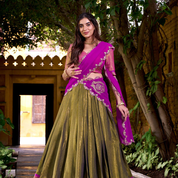 Evanik Mehendi South-style Kanchipuram silk lehenga With Unstitched Blouse & Dupatta