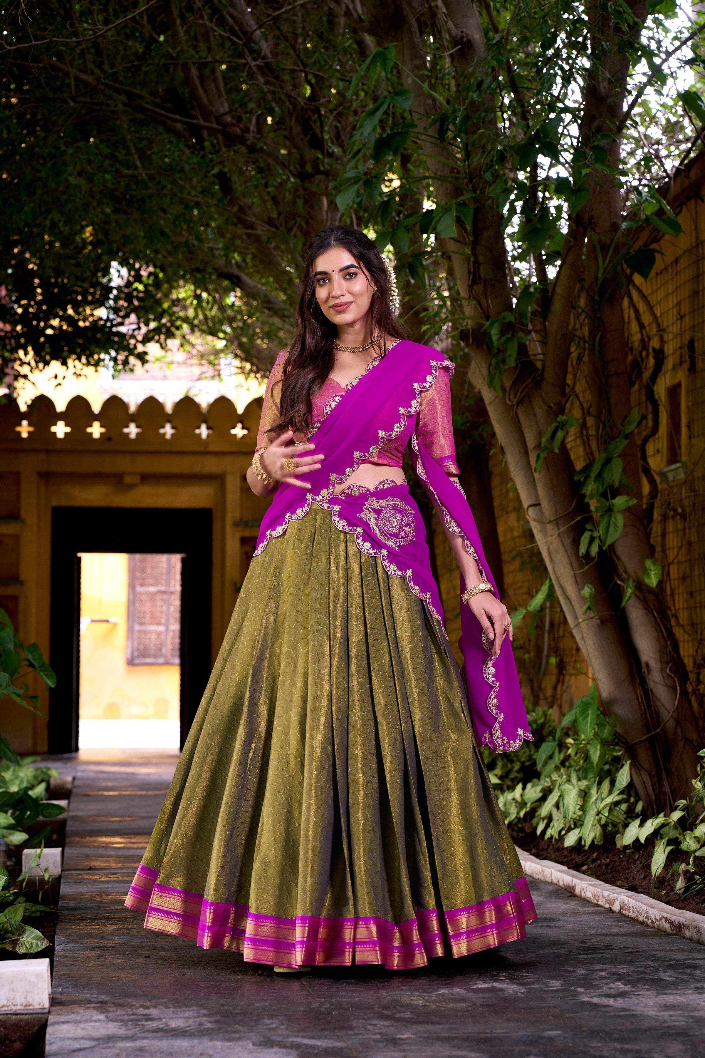Evanik Mehendi South-style Kanchipuram silk lehenga With Unstitched Blouse & Dupatta - Distacart