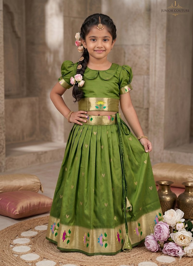 Evanik Green Soft Silk Paithani Design Zari Weaving Pavadai Lehenga Choli For Kids - Dista