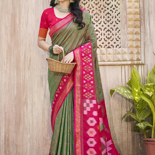 Anaita Mehndi Pochampally Silk Saree With Floral Printed Work With Blouse - Distacart