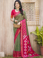 Thumbnail for Anaita Mehndi Pochampally Silk Saree With Floral Printed Work With Blouse - Distacart