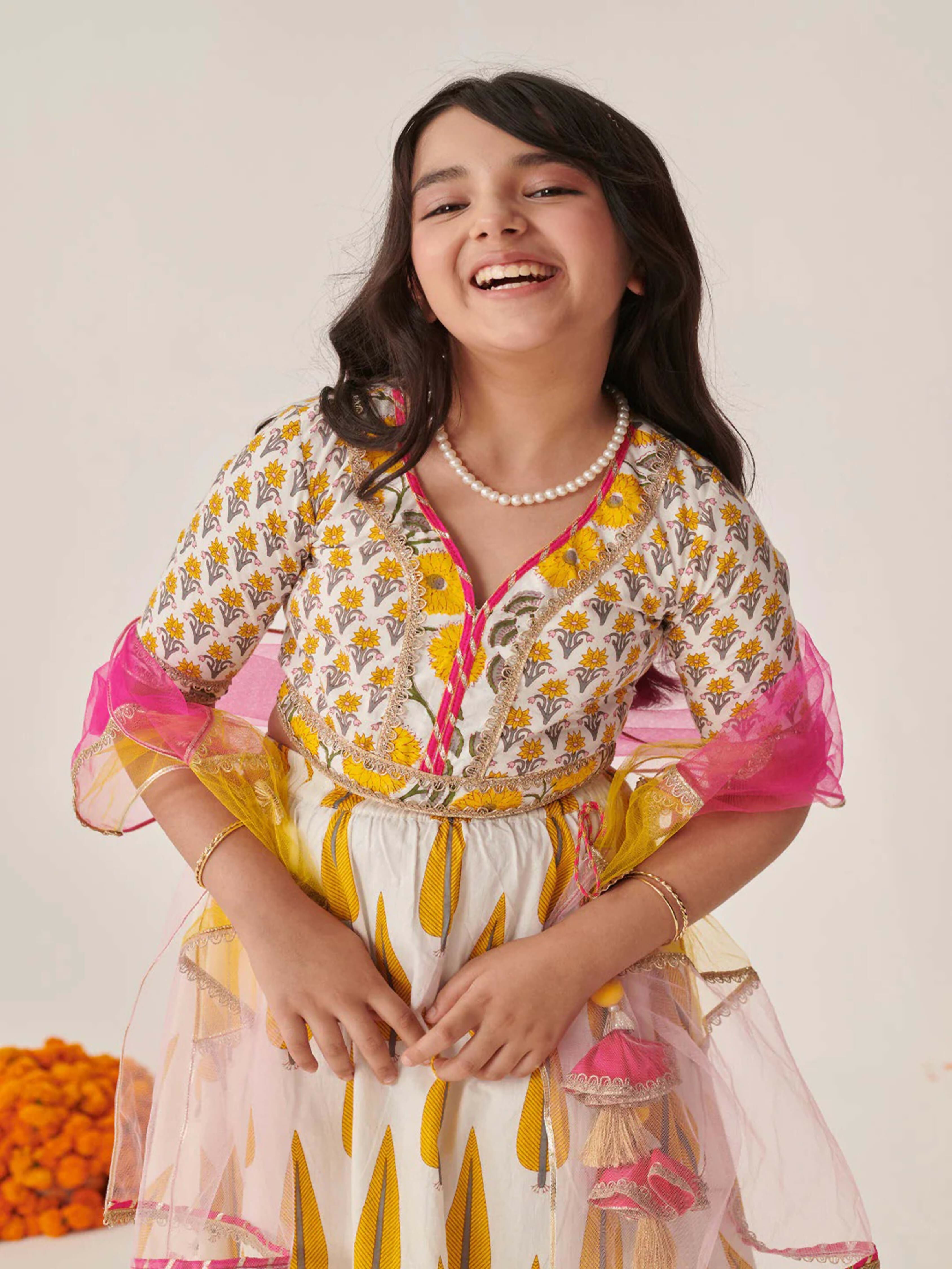 Joban Fashion Girl's Yellow & White Color Lehenga Choli