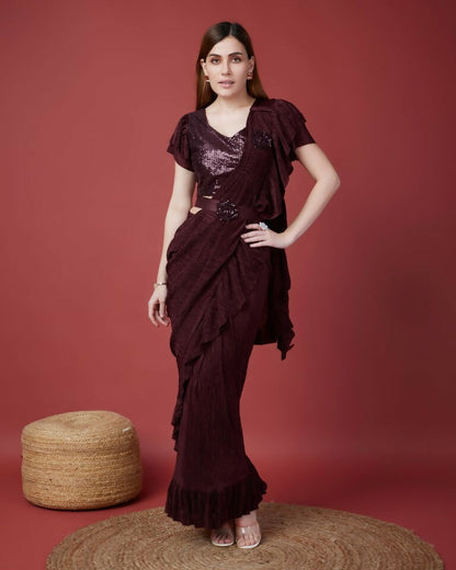 Wine Imported Crush Solid Ready to Wear Saree with stitched Blouse - Aayan - Distacart