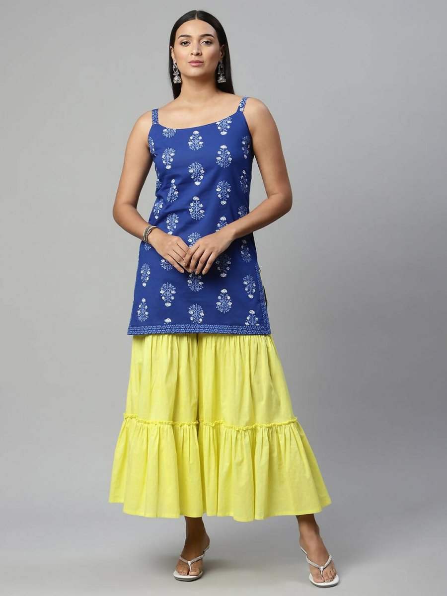 Ahalyaa Womens Royal Blue Pure Cotton Printed Tunic Sharara Set - Distacart
