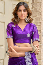 Thumbnail for Vastranavya Purple-Blue Embroidery Work Shimmer Chiffon Saree with Unstitched Blouse