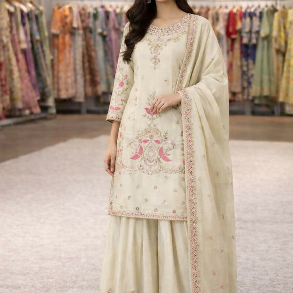 Teeya Creation Cream Chinnon Designer Embroidery Work Party Wear Salwar Suit - Distacart