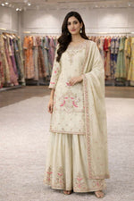 Thumbnail for Teeya Creation Cream Chinnon Designer Embroidery Work Party Wear Salwar Suit - Distacart