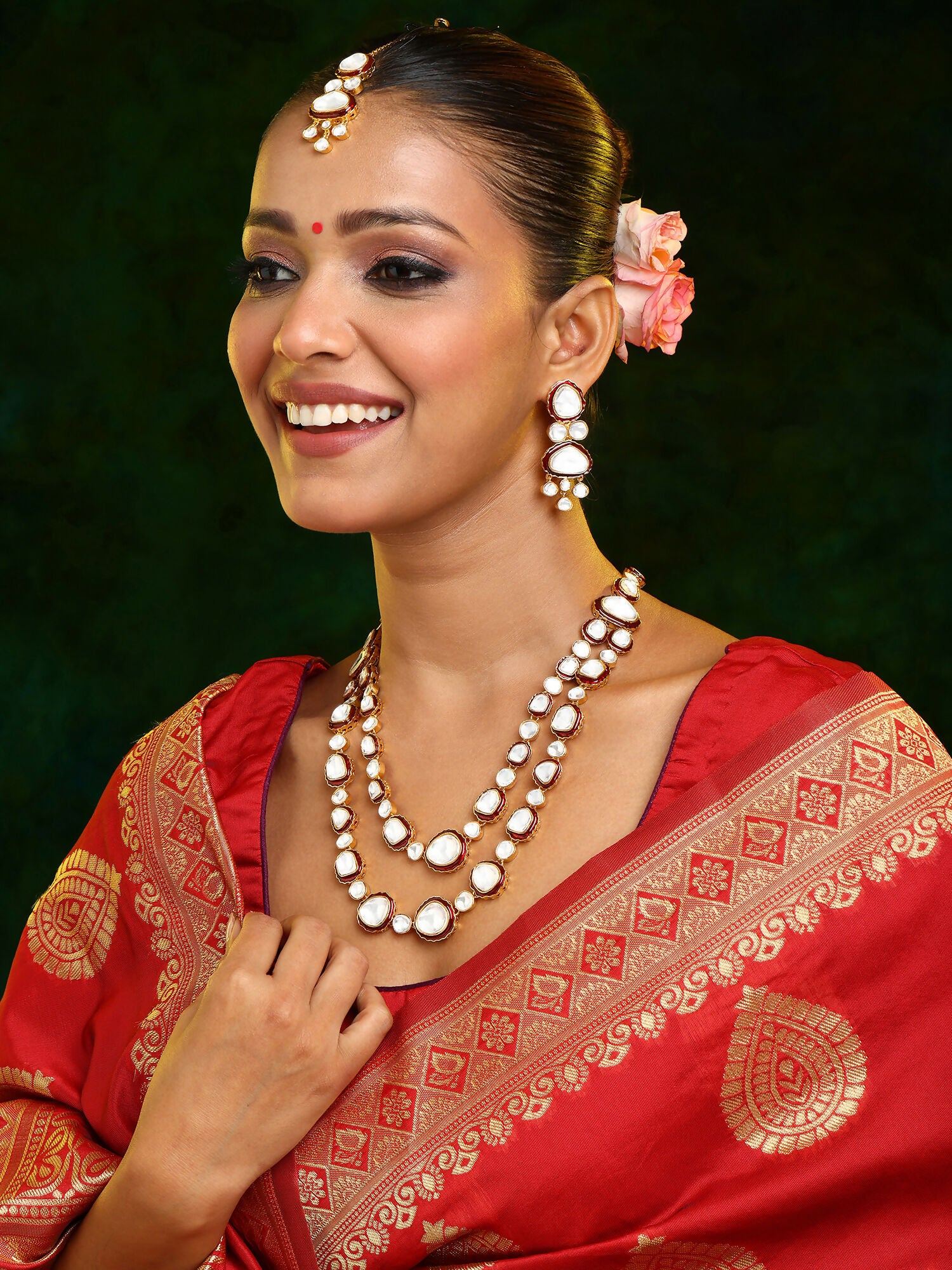 Ruby Raang 22k Gold Polished Red Meenakari Kundan Layered Necklace With Earrings & Maang Tikka