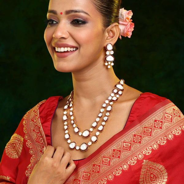 Ruby Raang 22k Gold Polished Red Meenakari Kundan Layered Necklace With Earrings & Maang Tikka - Distacart