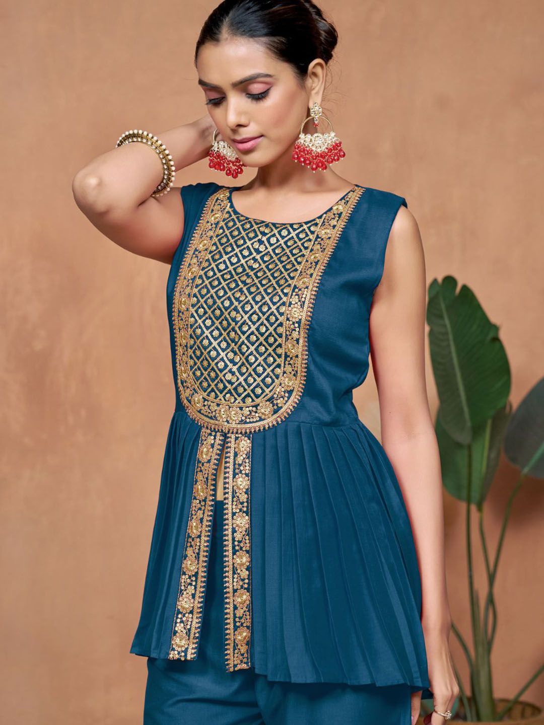 Sangria Floral Embroidered A-Line Kurta & Palazzo With Dupatta - Distacart