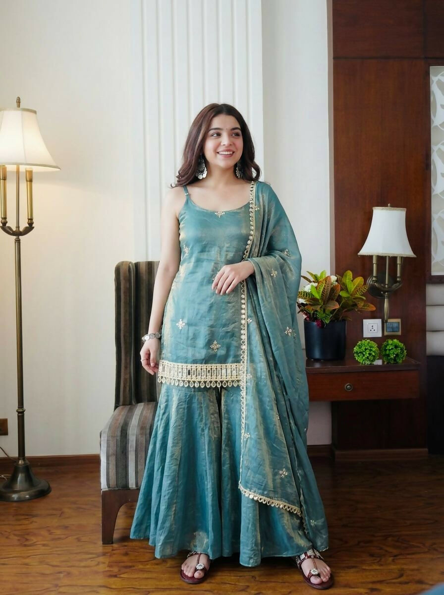 Teeya Creation Womens Trending Heavy Embroidery Sequence Work Kurta Sharara Set - Teal - Dista