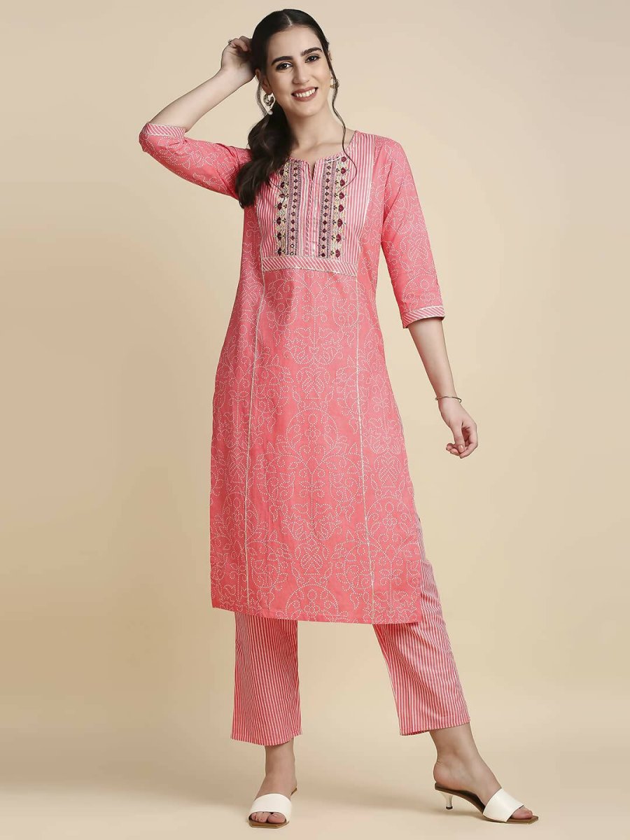 Anubhutee Women's Pure Cotton Regular Bandhani Print Pink Kurta Set - Distacart