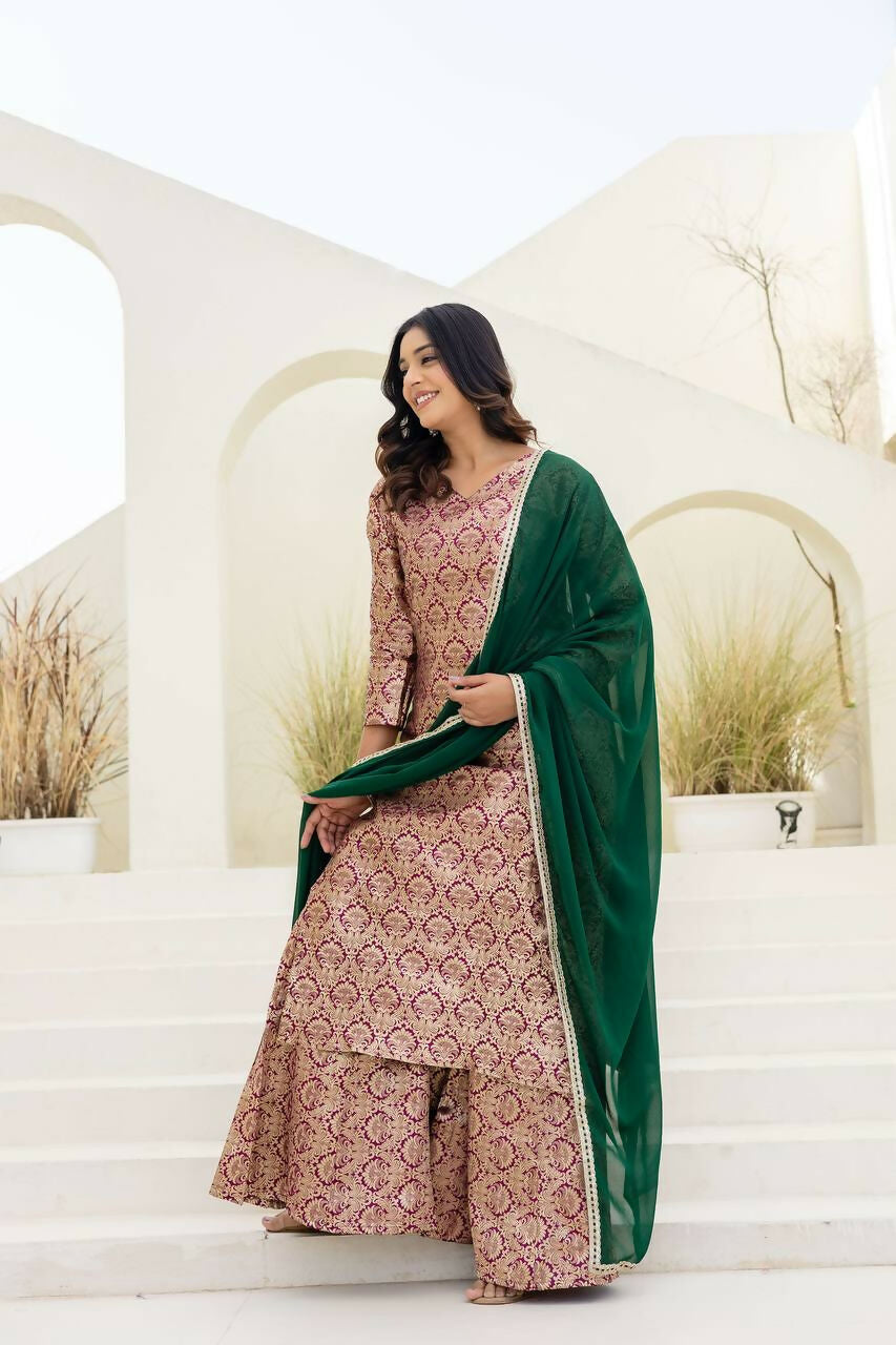 Joban Fashion Peach Jacquard Embroidered Sharara Set - Distacart
