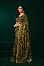 Thumbnail for Joban Fashion Mehandi Green Net Party Wear Sarees - Distacart