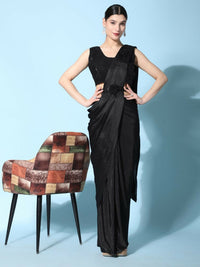 Thumbnail for Black Imported Crush Lycra Texture Pattern Ready to Wear Saree with stitched Blouse - Nirvana - Distacart