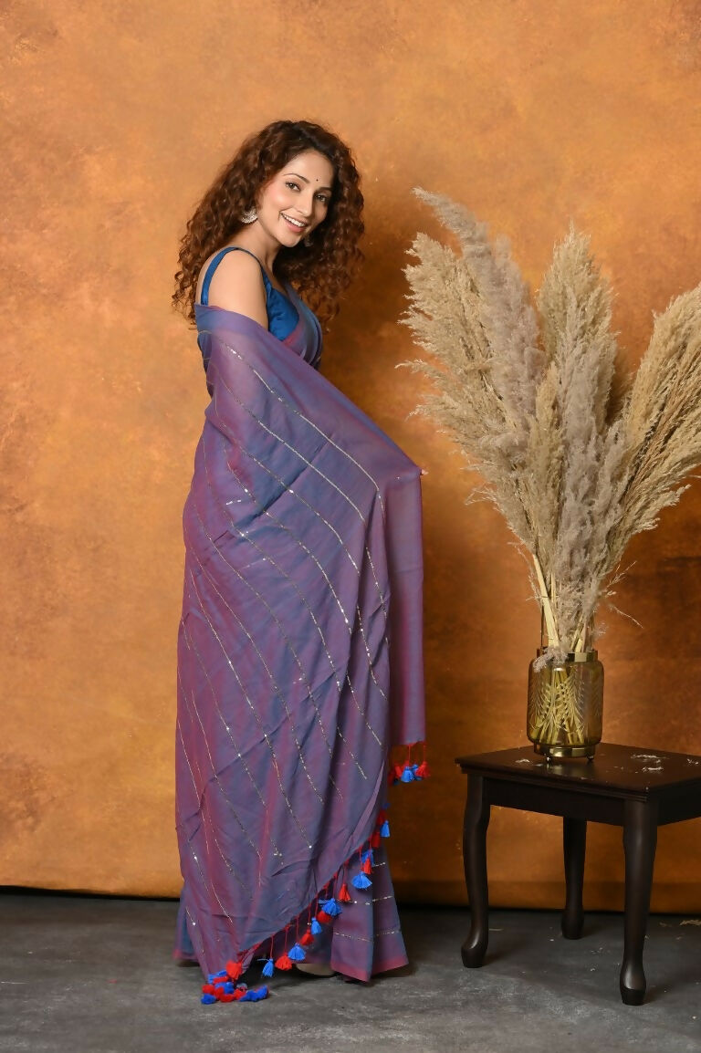 Very Much Indian Designer Mul Cotton Handloom Saree with Sequins - Purple - Distacart