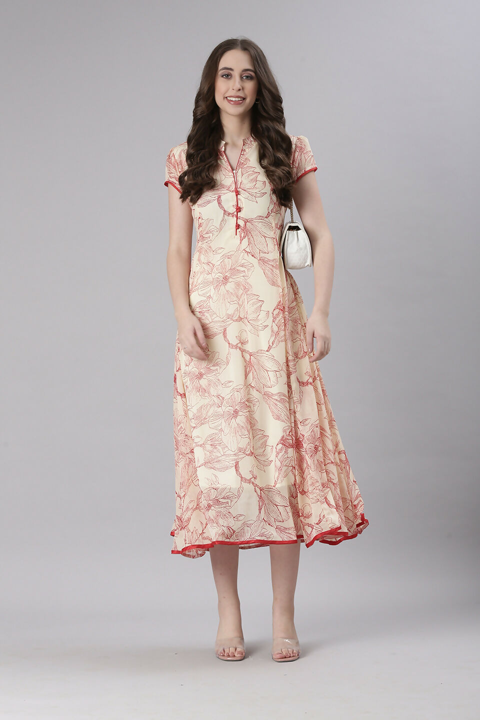 Souchii Floral Tiered Midi Dress For Women – Elegant Beige Button-Front A-Line