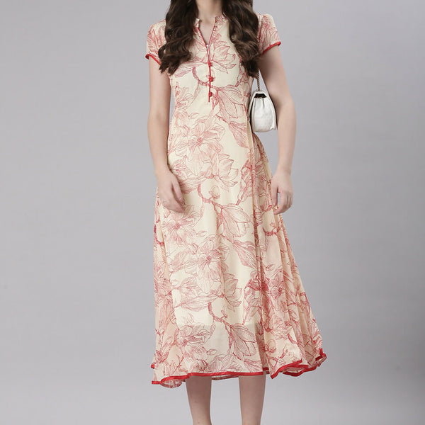 Souchii Floral Tiered Midi Dress For Women – Elegant Beige Button-Front A-Line