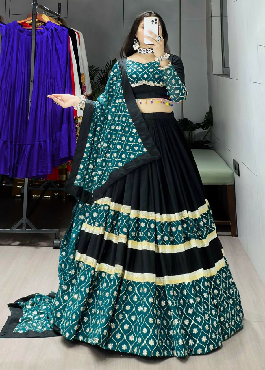 Yash Enterprise Green Black Rayon Cotton Embroidery Semi Stitched Navratri Top Chaniya Choli - Dista