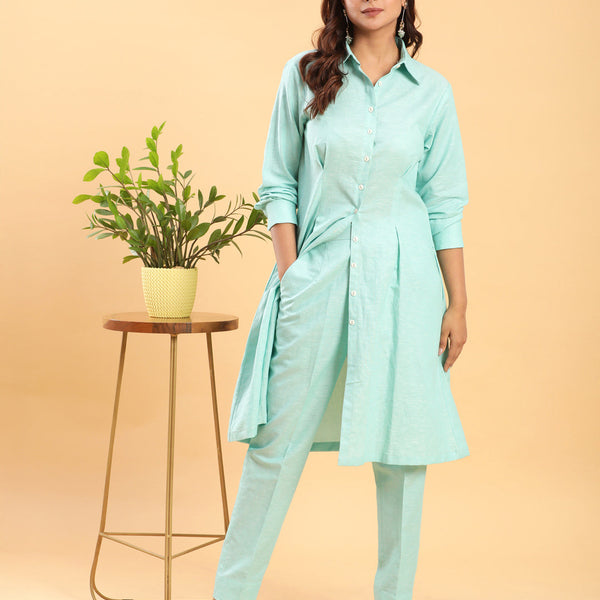 BohoJazz Mint Green Longline Shirt with Formal Pants Co-ord Set