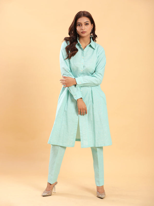 BohoJazz Mint Green Longline Shirt with Formal Pants Co-ord Set