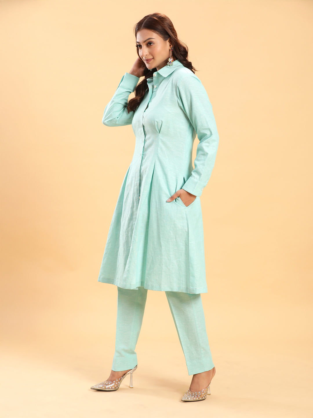 BohoJazz Mint Green Longline Shirt with Formal Pants Co-ord Set