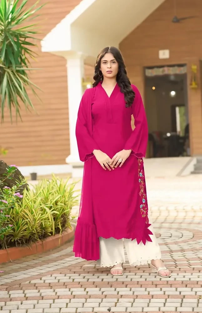 Nikhaar Dark Pink Embroidered Art Silk Straight Cut Readymade Pakistani Suit