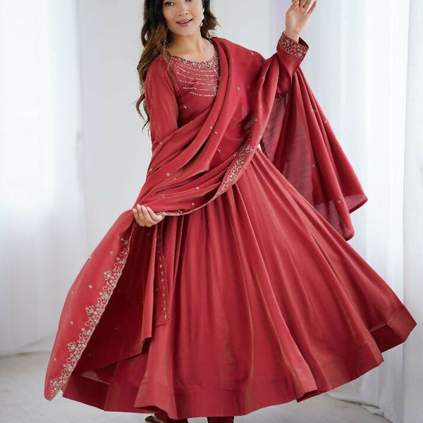 Joban Fashion Maroon Kurta Set Chanderi Sequence Embroidery Work