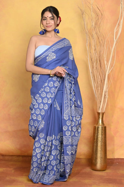 Very Much Indian Pure Cotton Handblock Printed Saree - Blue - Distacart