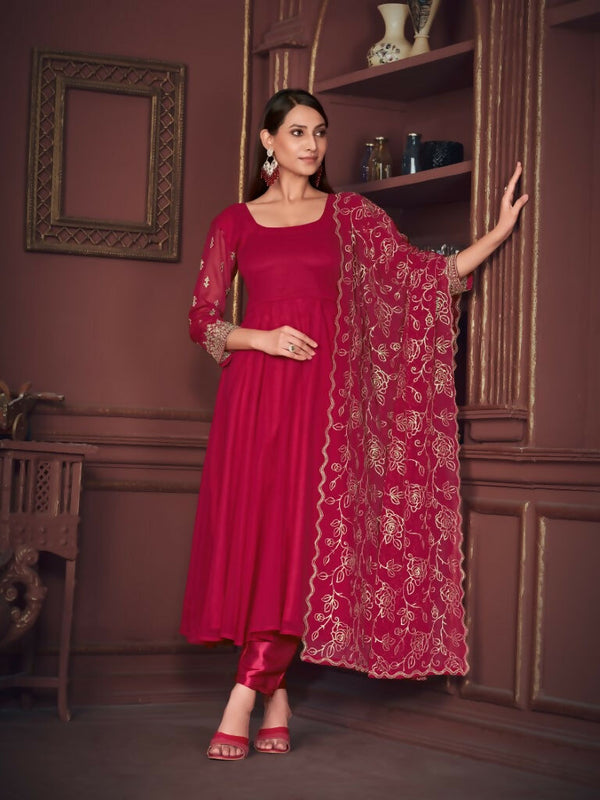 Jyoti Fashion Women's Rani Pink Georgette Embroidered Anarkali Kurta Pant Set With Dupatta - Distacart