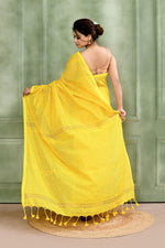 Thumbnail for Piyari Fashion Women's Yellow Embellished Cotton Blend Zari Check Handloom Saree - Distacart