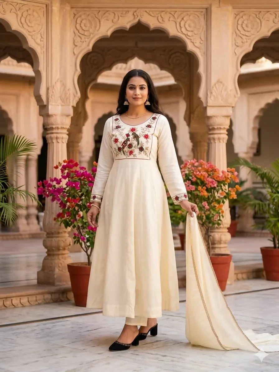 Teeya Creation Womens New Trendy White Embroidered Anarkali Suit With Pant & Dupatta Set - Dista