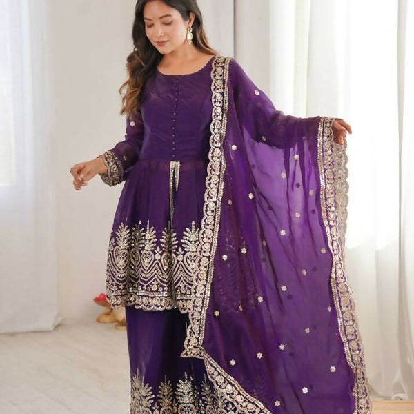Teeya Creation Purple Color Fendy Satin Silk Embroidery Work party Wear Salwar Suit - Distacart