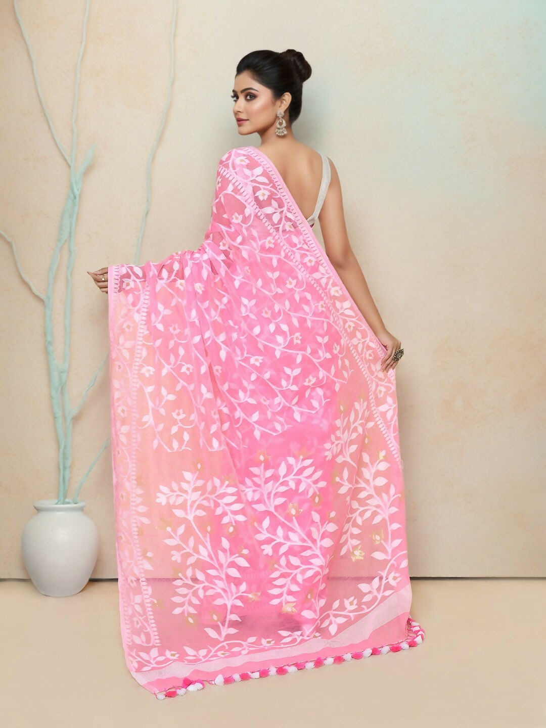 Joban Fashion Light Pink Cotton Blend Jamdani Saree