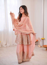 Thumbnail for Teeya Creation Light Peach Color Fendy Satin Silk Embroidery Work Party Wear Salwar Suit - Distacart